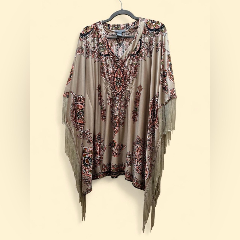 Gracia Beige Printed Fringe Trim Poncho Size Small/Medium Bohemian Festival